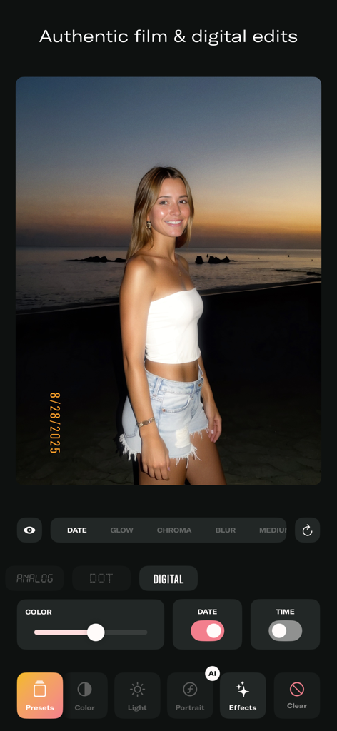 Daze Cam app interface showing a vintage digital filter with a date stamp applied to a photo of a woman on a beach at sunset