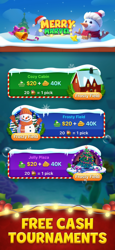 Pocket7Games Merry Marvel winter event screen showing free cash tournament rewards