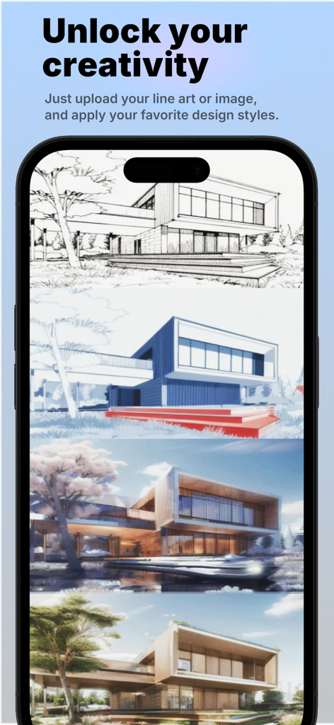 Mobile App-Oberfläche, die die Umwandlung einer Linienkunst-Haus-Skizze in verschiedene künstlerische Architektur-Renderings zeigt.