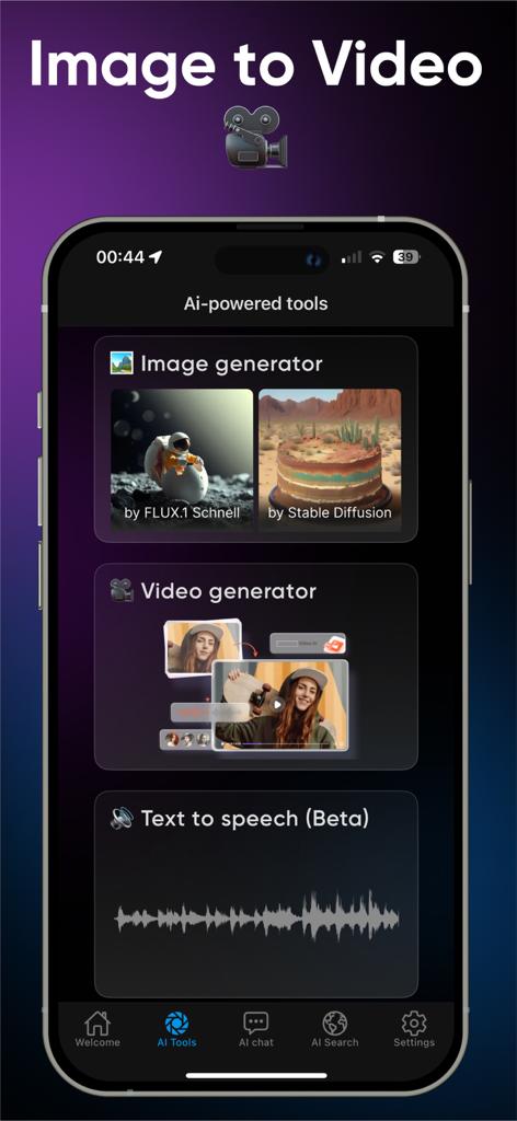 AI Hub: 50+ Open Source LLM - AI Hub interface showing image and video generation plus text to speech tools