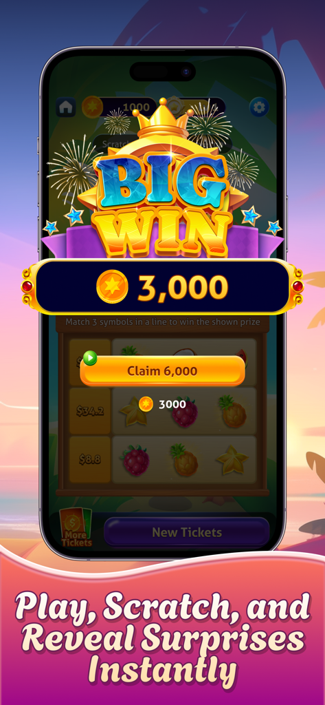 Scratch QuestPro mobile game big win interface with coins and fruit icons