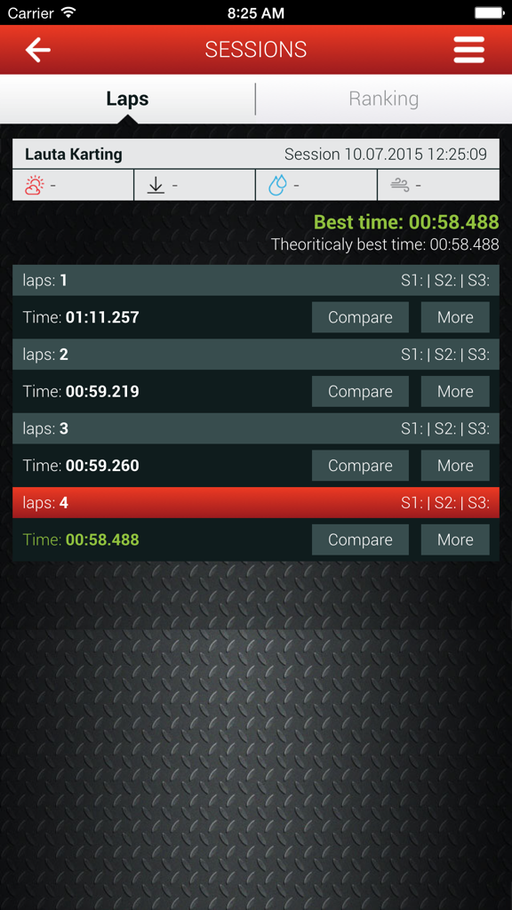 RaceFacer mobile app screen displaying individual lap times and best race performance for a karting session