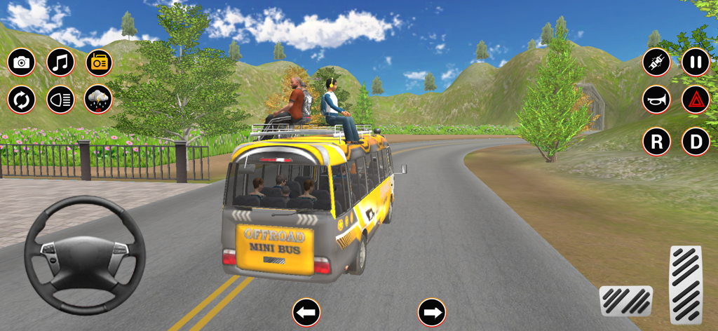 A yellow mini bus driving on a scenic mountain road with passengers sitting on its roof in a driving simulation game