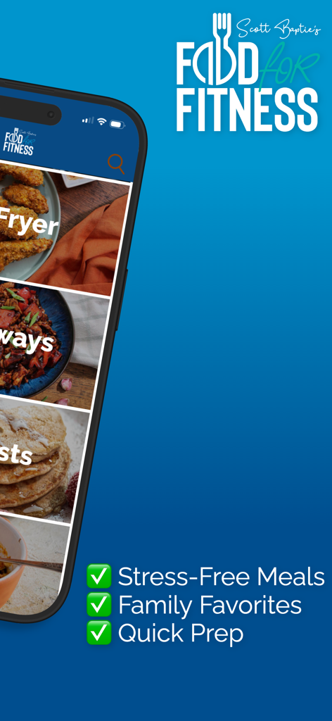 Food For Fitness App-Oberfläche mit Hochprotein-Rezeptkategorien und schnellen Meal-Prep-Funktionen