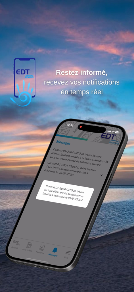 Electricité de Tahiti (EDT) - Electricite de Tahiti mobile app displaying real time notifications and bill payment reminders on a smartphone