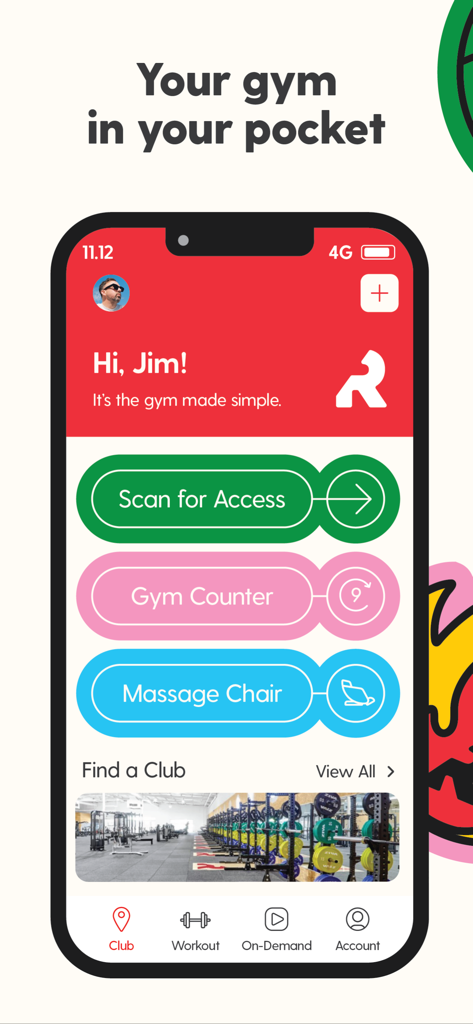 Revo Fitness app home screen showing digital scan for access and gym member counter features.