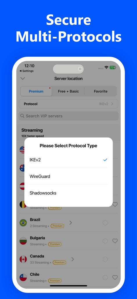 Interface de um aplicativo VPN mostrando um menu para selecionar protocolos de conexão segura, incluindo IKEv2 WireGuard e Shadowsocks