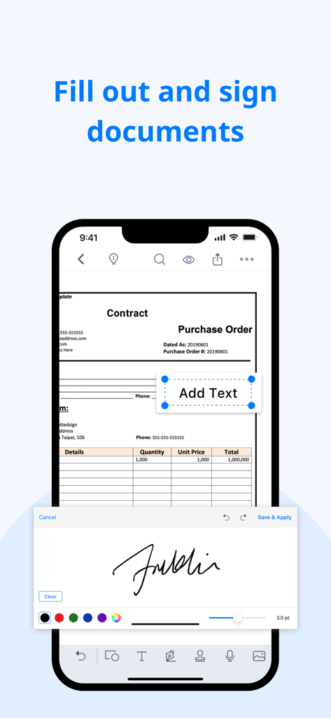 PDF Reader - Editor & Viewer - iPhone screen showing the KDAN PDF app interface for filling out forms and adding a digital signature to a contract