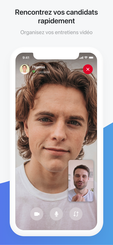 Jobstory - Mobile screen showing a live video interview between a recruiter and a candidate on the Jobstory app