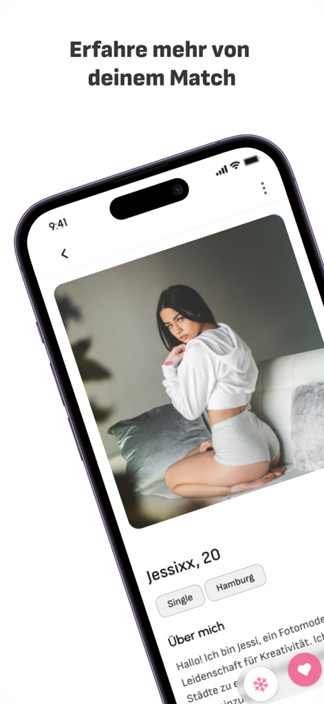 iSingles - Flirt. Date. Love. - Profile screen of a potential match on the iSingles dating app showing a user photo and bio details