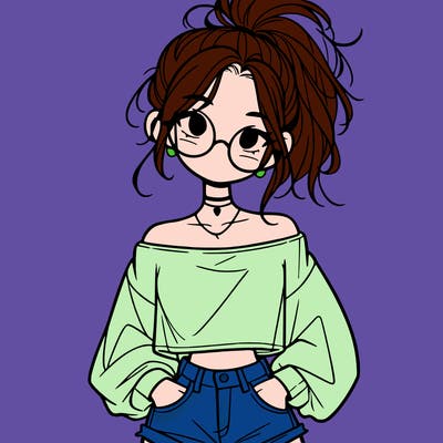 girl with a messy ponytail glasses a baggy crop top and jean shorts