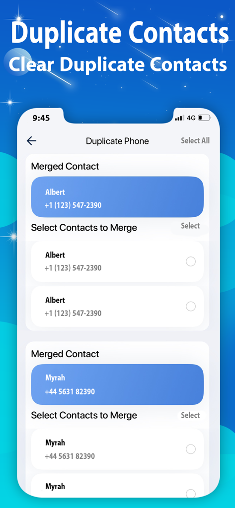 Boost Cleaner -Clean Up Smart° - Screenshot of the Boost Cleaner app interface showing how to merge and clear duplicate phone contacts.