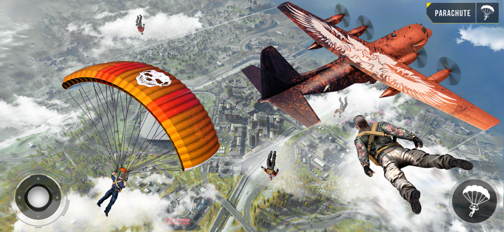 FPS Commando Gun Game Offline - Characters parachuting from a cargo plane onto a city map in a mobile battle royale game
