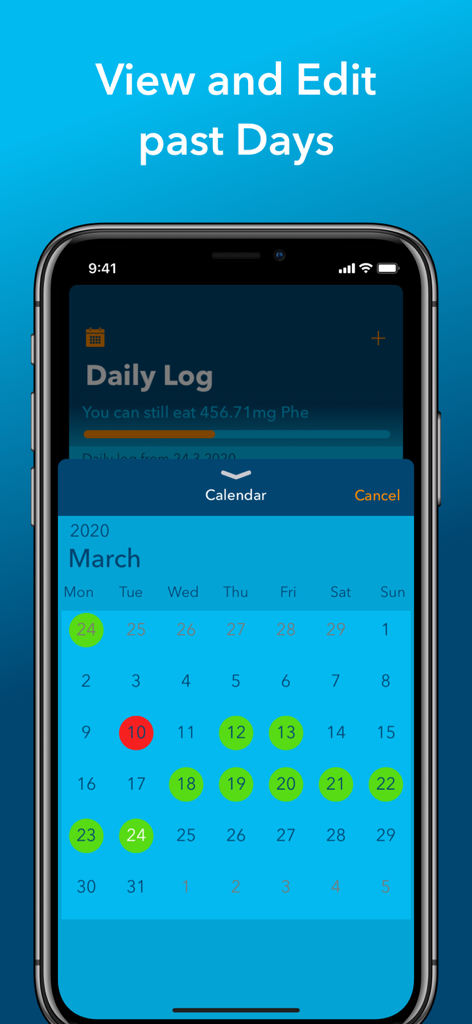 DietAssistant for PKU - Un calendario que muestra días codificados por colores para el seguimiento de la dieta PKU, con verde indicando días exitosos y rojo indicando niveles de fenilalanina superados.