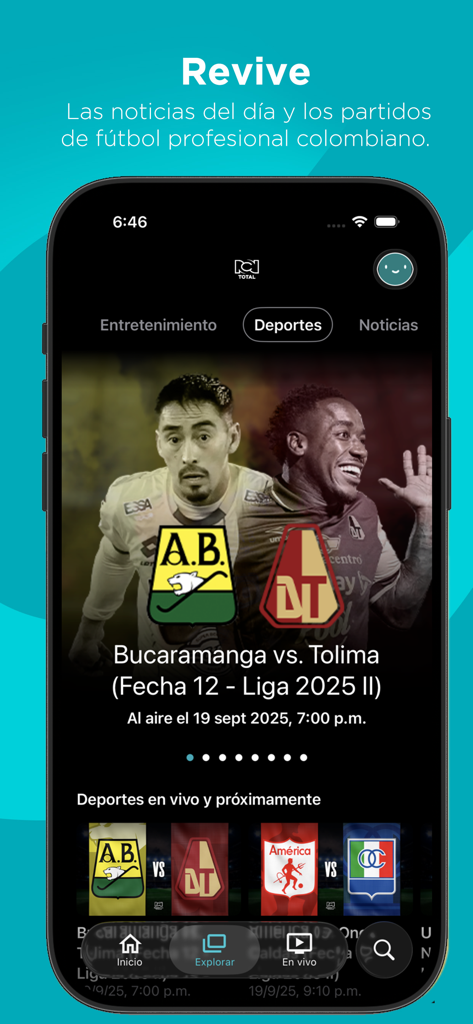 RCN Total - Una captura de pantalla de la sección de deportes de la aplicación RCN Total que muestra un partido de fútbol colombiano entre Bucaramanga y Tolima