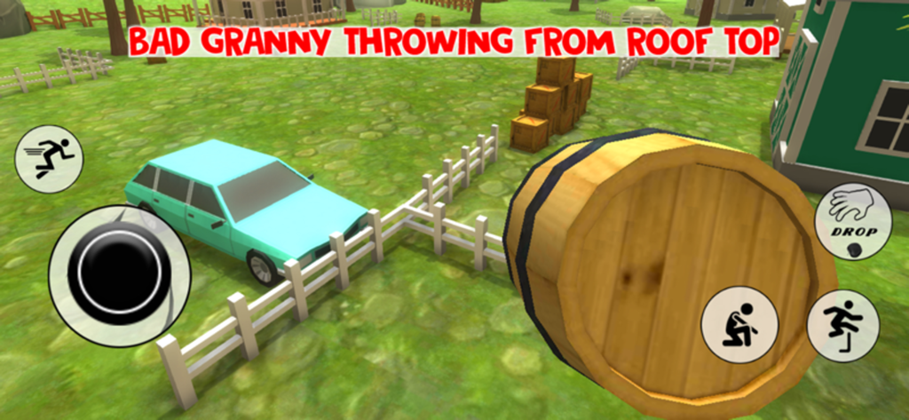 Bad Granny Chapter 3 - Ego-Gameplay von Bad Granny Chapter 3, das den Spieler zeigt, der ein großes Holzfass in einem Hof in der Nähe eines blauen Autos hält.