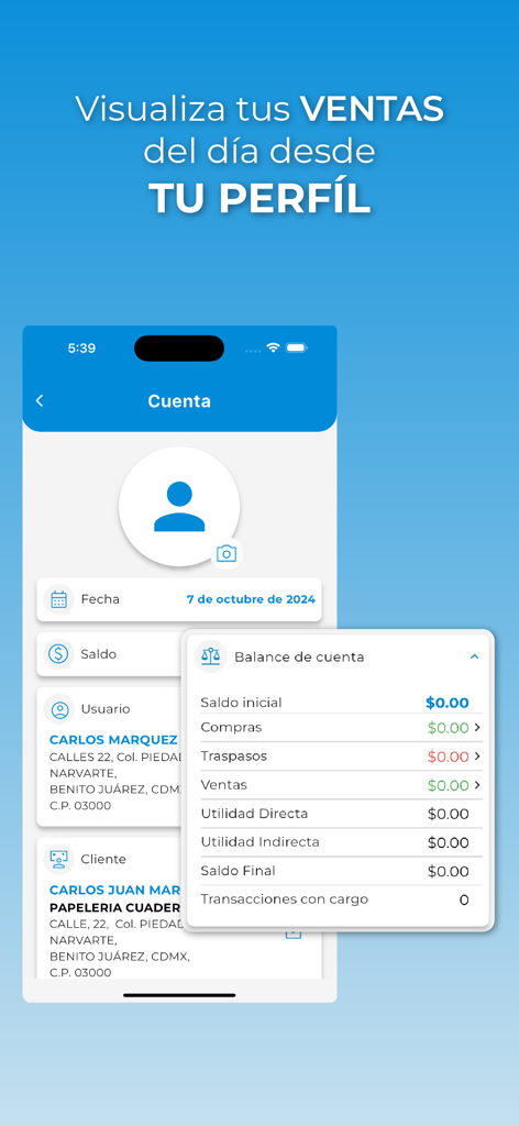 Pagaqui V2 - Pagaqui V2 app screenshot showing the user profile and account balance summary with daily sales information.