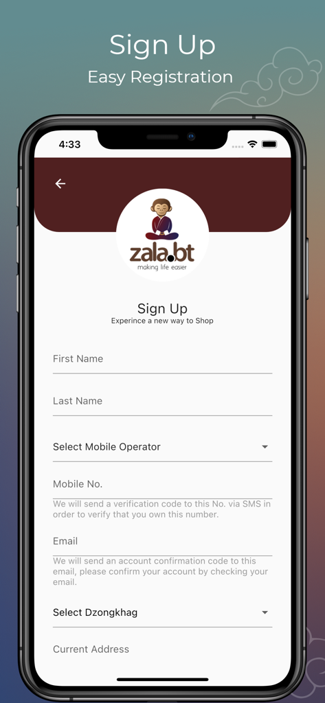 The sign up page of the zalabt mobile app featuring a registration form for new users