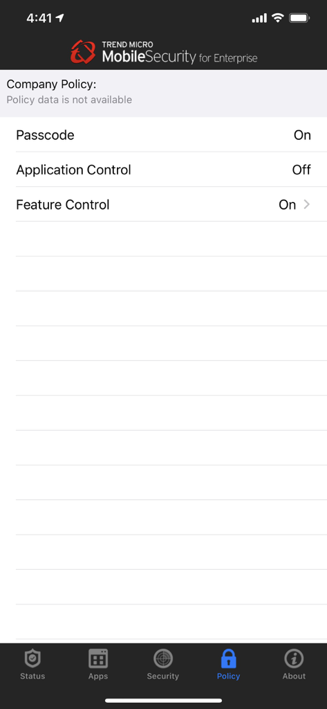 기업용 모바일 보안 앱에서 기기 암호 및 기능 제어에 대한 회사 정책 설정을 표시합니다.