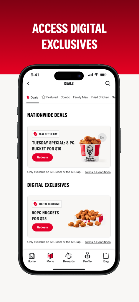 KFC US app interface displaying exclusive digital deals and nationwide chicken bucket offers