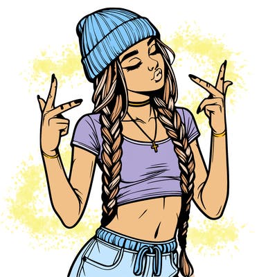 realistic teenage girl with braids and a beanie and crop top doing 🫶🏼