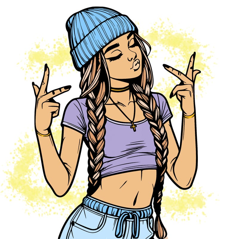 realistic teenage girl with braids and a beanie and crop top doing 🫶🏼