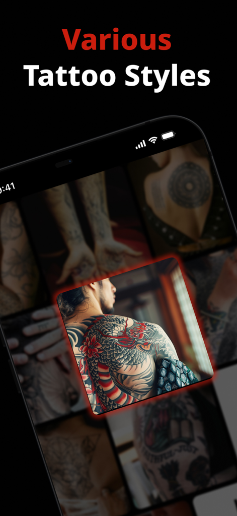 Tela de um smartphone exibindo uma galeria de diversos estilos e designs de tatuagem gerados por IA