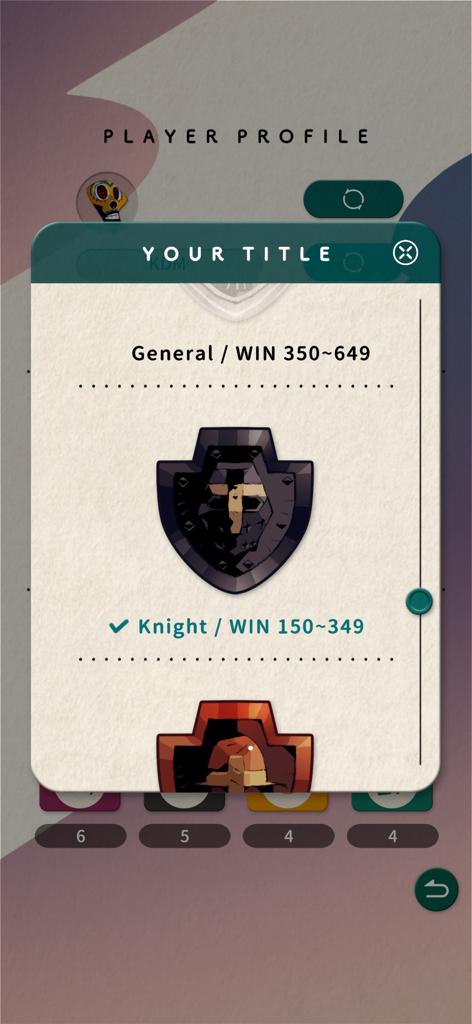 MEMORICA - Player profile titles in Memorica game showing win ranks