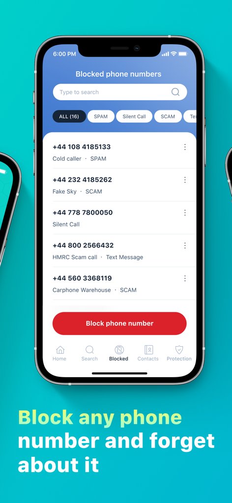 Call Blocker - Pantalla de iPhone que muestra una lista de números de teléfono de spam y estafas bloqueados con un botón de bloqueo rojo en la aplicación Call Blocker.