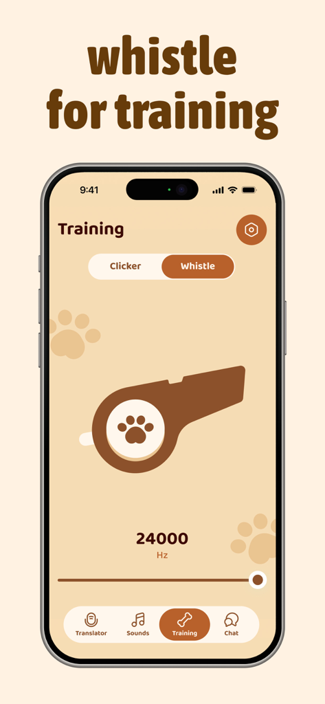 Dog Translator+‎ - 調整可能な周波数設定を備えた犬笛トレーニング機能を表示するモバイルアプリインターフェース。