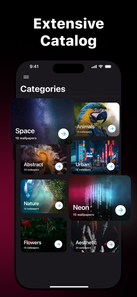 Wallpapers HD, 4K and Live - La pantalla de categorías de la aplicación Fondos de pantalla HD 4K y en Vivo que muestra un extenso catálogo de temas como Espacio, Naturaleza y Neón.