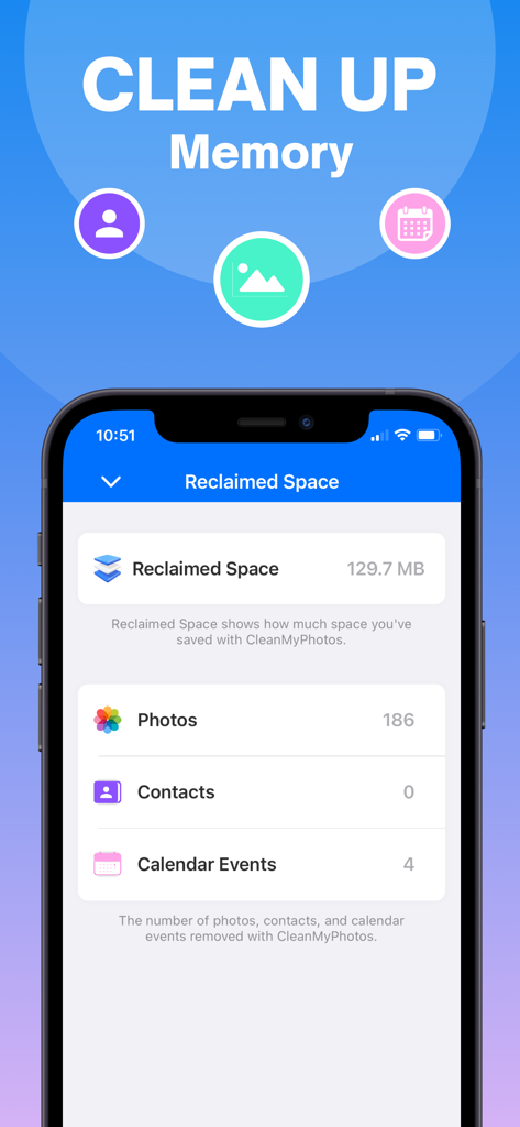Clean Your Photos for iPhone - Interfaz de la aplicación Limpia tus Fotos que muestra el espacio de almacenamiento recuperado y un resumen de las fotos y eventos de calendario eliminados