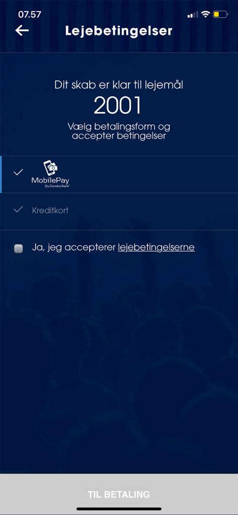 Royal Arena app locker rental and payment screen