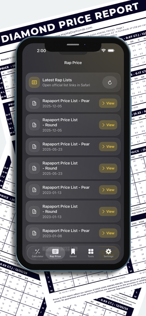 Una pantalla móvil que muestra una lista de informes de precios Rapaport actuales e históricos para diferentes formas de diamante.