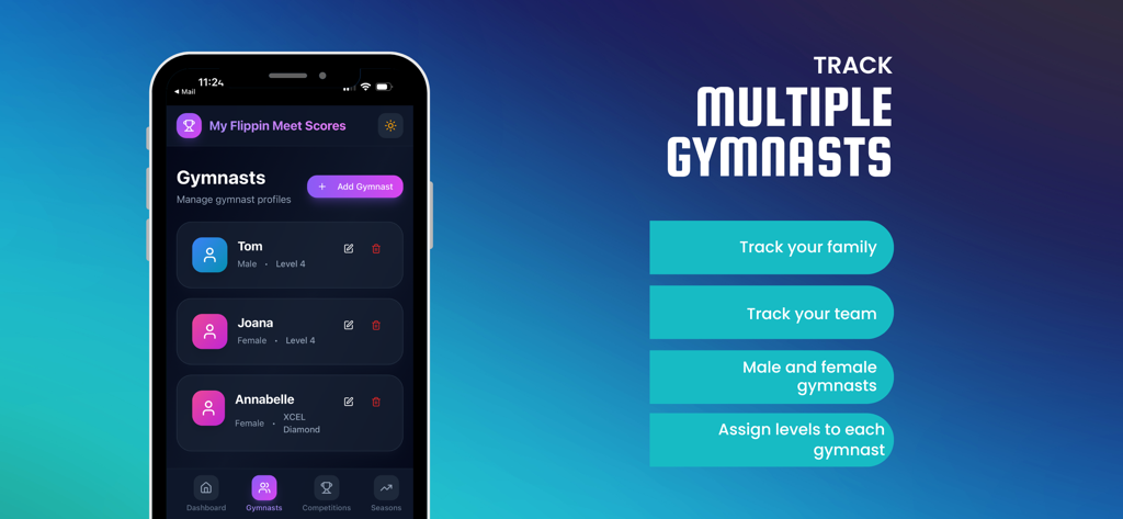 My Flippin Meet Scores - Smartphone screen showing the My Flippin Meet Scores app gymnast management interface for tracking family and team performance across different levels.
