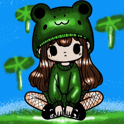 a girl wearing a frog hat and some frog socks
