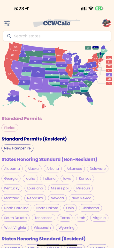 The CCWCalc mobile app interface showing a color-coded United States map for concealed carry permit reciprocity and a list of states honoring specific permits.