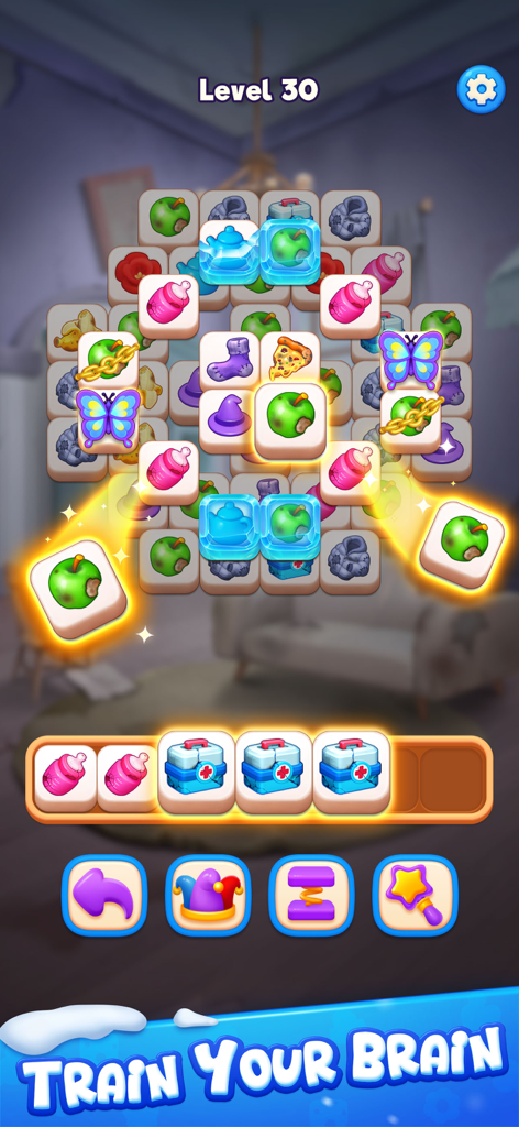 Gameplay screenshot of Dream Tile Triple Match Games showing Level 30 puzzle with various colorful icons and matching mechanics