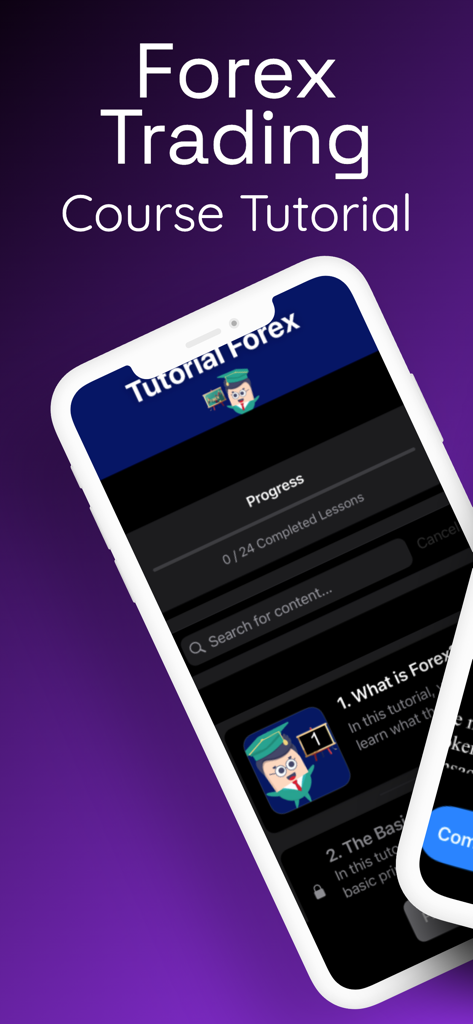 Forex Trading - Tutorial Guide - Pantalla de la aplicación de tutorial de trading de Forex que muestra una lista de lecciones educativas y el progreso del curso