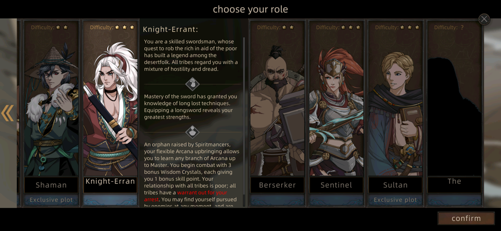 Sands of Salzaar - Character selection screen in Sands of Salzaar showing different roles like Knight-Errant and Shaman