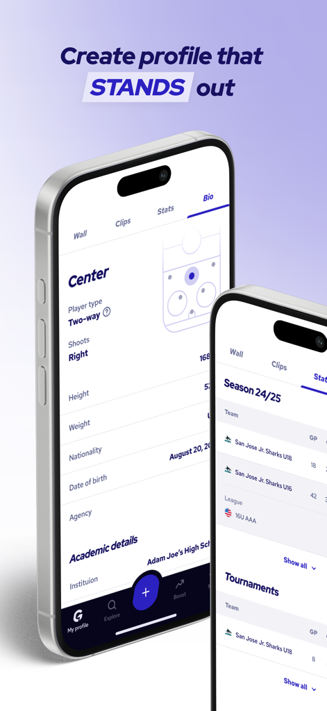 GRAET - Two iPhones displaying the GRAET app interface showing a hockey player profile with bio details and season statistics