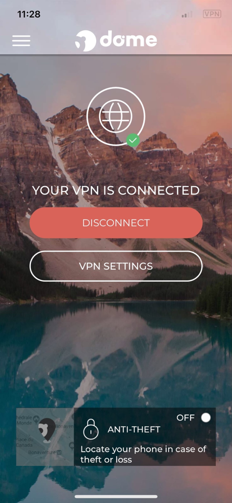 PandaDome app dashboard showing a connected VPN status and anti-theft feature