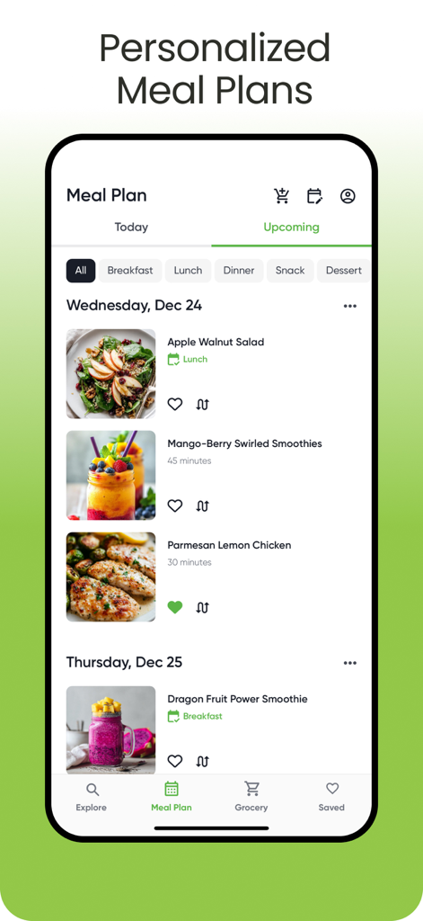 a better meal - Meal Planner - Interface do aplicativo A Better Meal mostrando um plano de refeição semanal personalizado com receitas saudáveis e fotos
