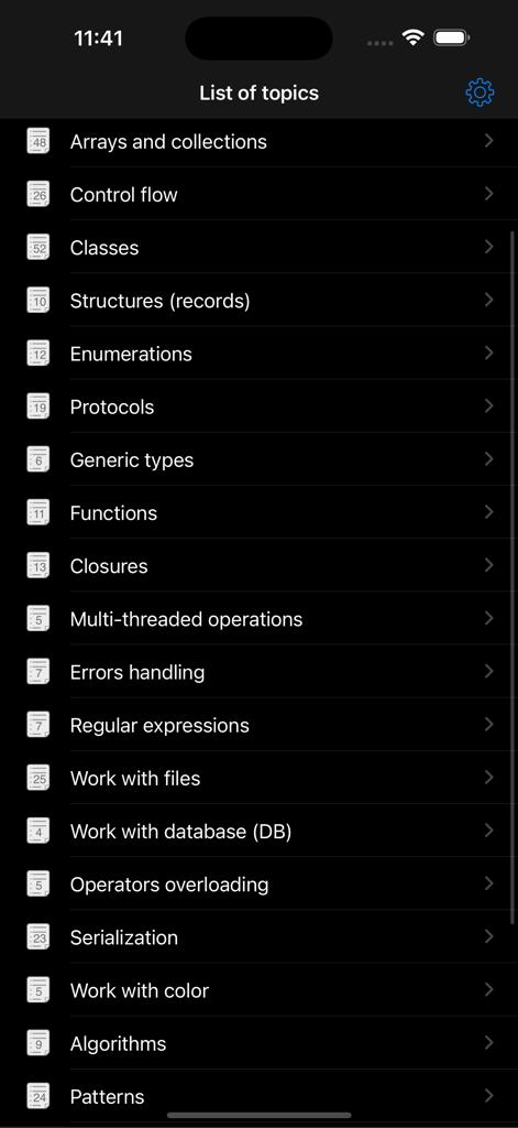 A list of Swift programming topics including arrays classes and protocols