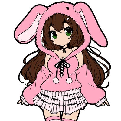 pretty anime girl wearing a fluffy hoodie with bunny ears on the hood and a skirt