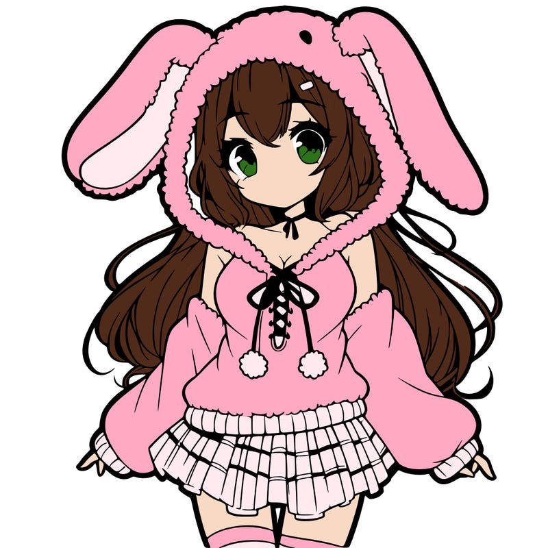 pretty anime girl wearing a fluffy hoodie with bunny ears on the hood and a skirt