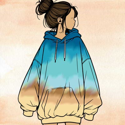 realistic girl with a oversized sweatshirt on and a bun