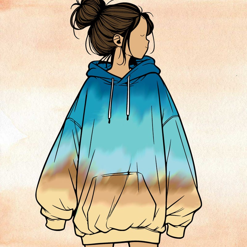 realistic girl with a oversized sweatshirt on and a bun