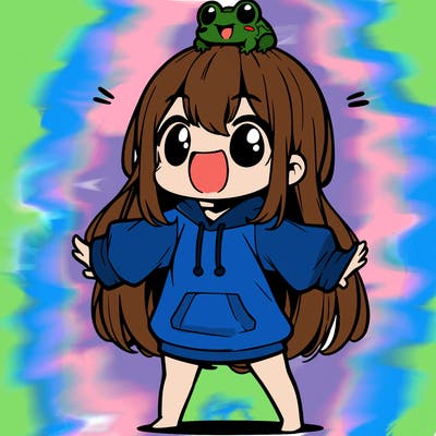 a excited chibi girl whith long hair and a baggy shirt whith a frog on there head