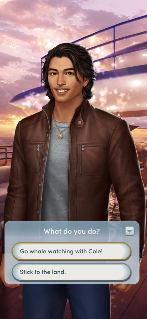 Choices: Stories You Play - Um personagem bonito chamado Cole sorrindo em um barco ao pôr do sol com uma caixa de decisão do jogador oferecendo escolhas para a próxima cena.